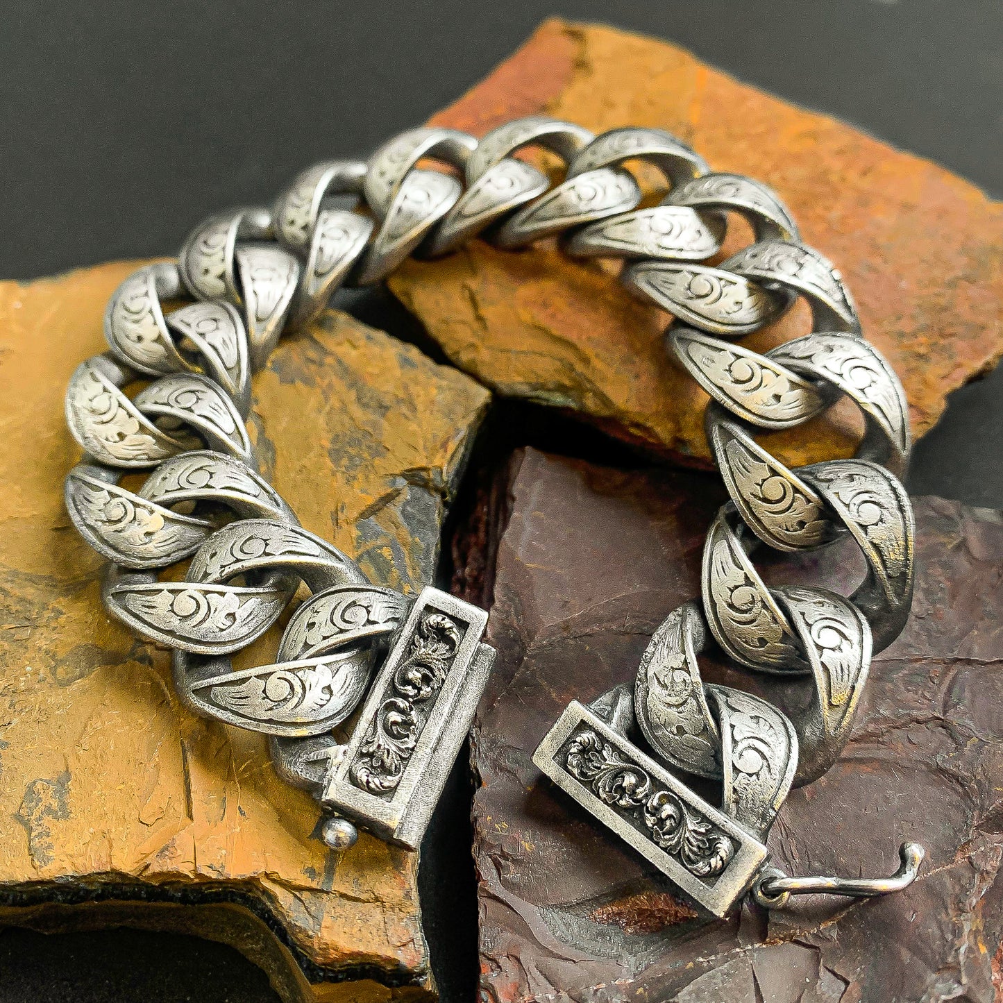 Sterling Silver Men's Engraved Chain Bracelet | Rugged and Distinctive Design