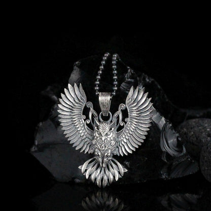 Sterling Silver Owl Necklace with Wings | Mystical and Elegant Charm Jewelry For Men