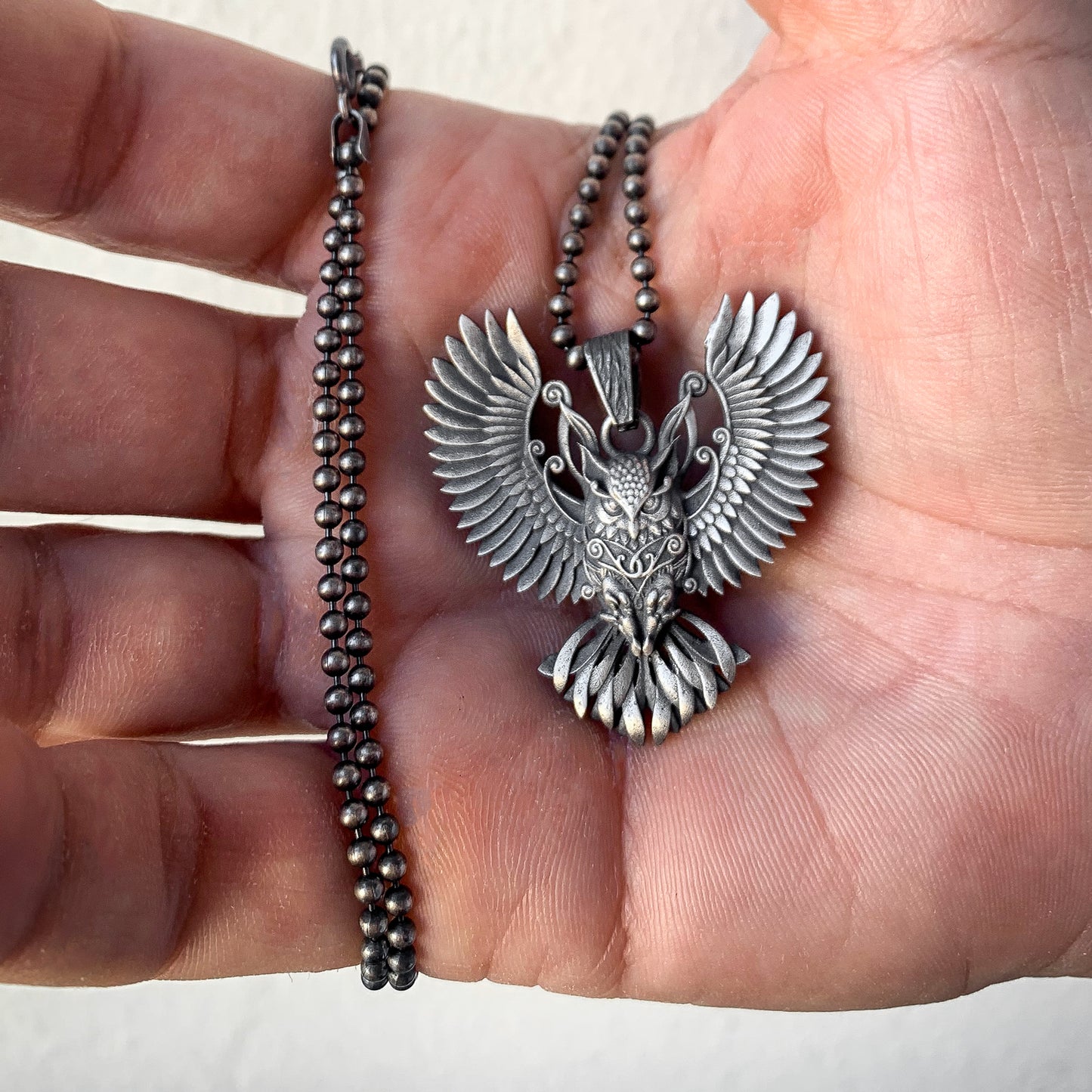 Sterling Silver Owl Necklace with Wings | Mystical and Elegant Charm Jewelry For Men