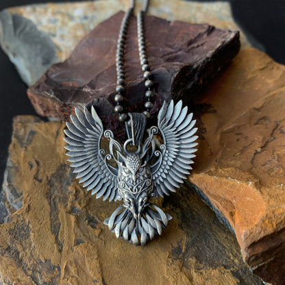 Sterling Silver Owl Necklace with Wings | Mystical and Elegant Charm Jewelry For Men