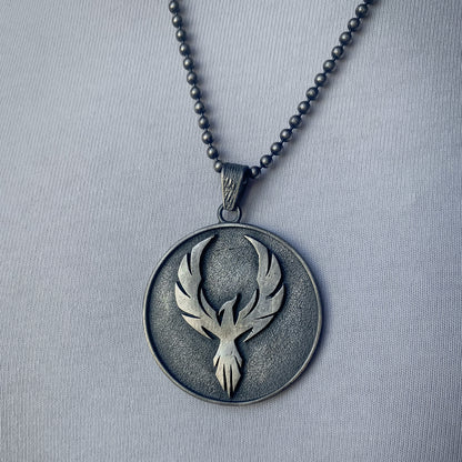 Sterling Silver Phoenix Necklace, Mens Phoenix Medallion Necklace