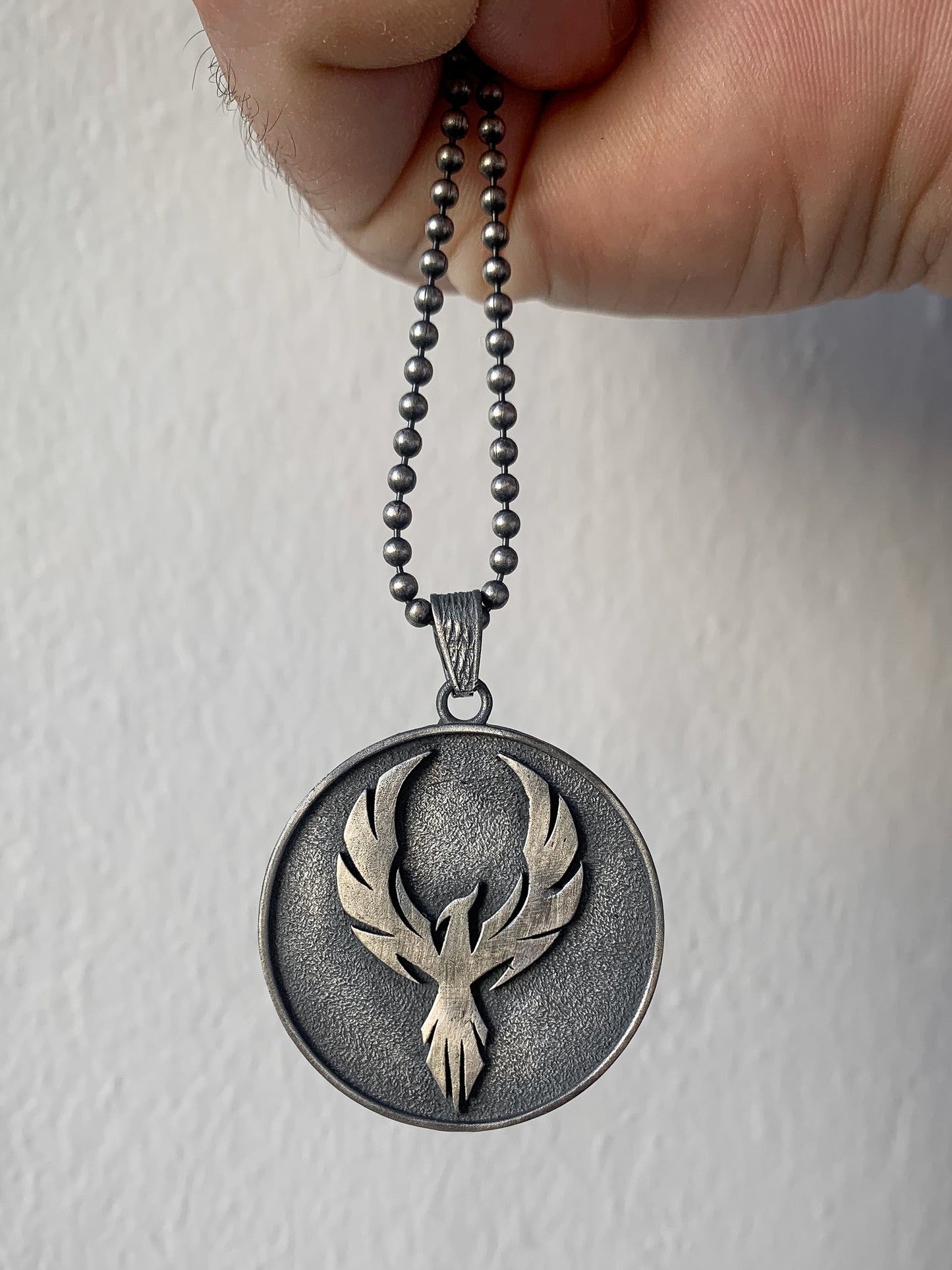 Sterling Silver Phoenix Necklace, Mens Phoenix Medallion Necklace