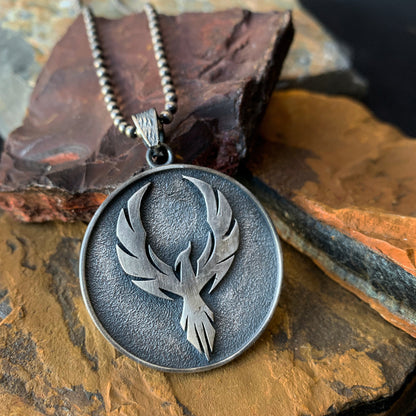 Sterling Silver Phoenix Necklace, Mens Phoenix Medallion Necklace