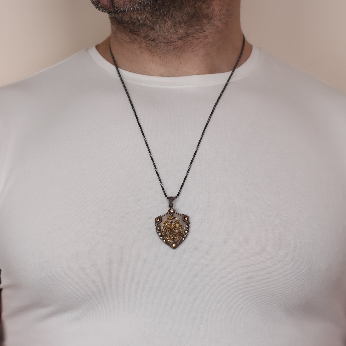 Sterling Silver Phoenix Shield Necklace with Gold Plating and Gem Accents | Unique Mens Necklace