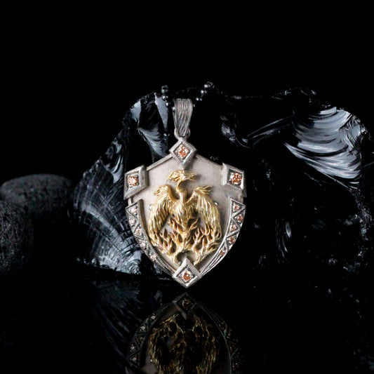 Sterling Silver Phoenix Shield Necklace with Gold Plating and Gem Accents | Unique Mens Necklace