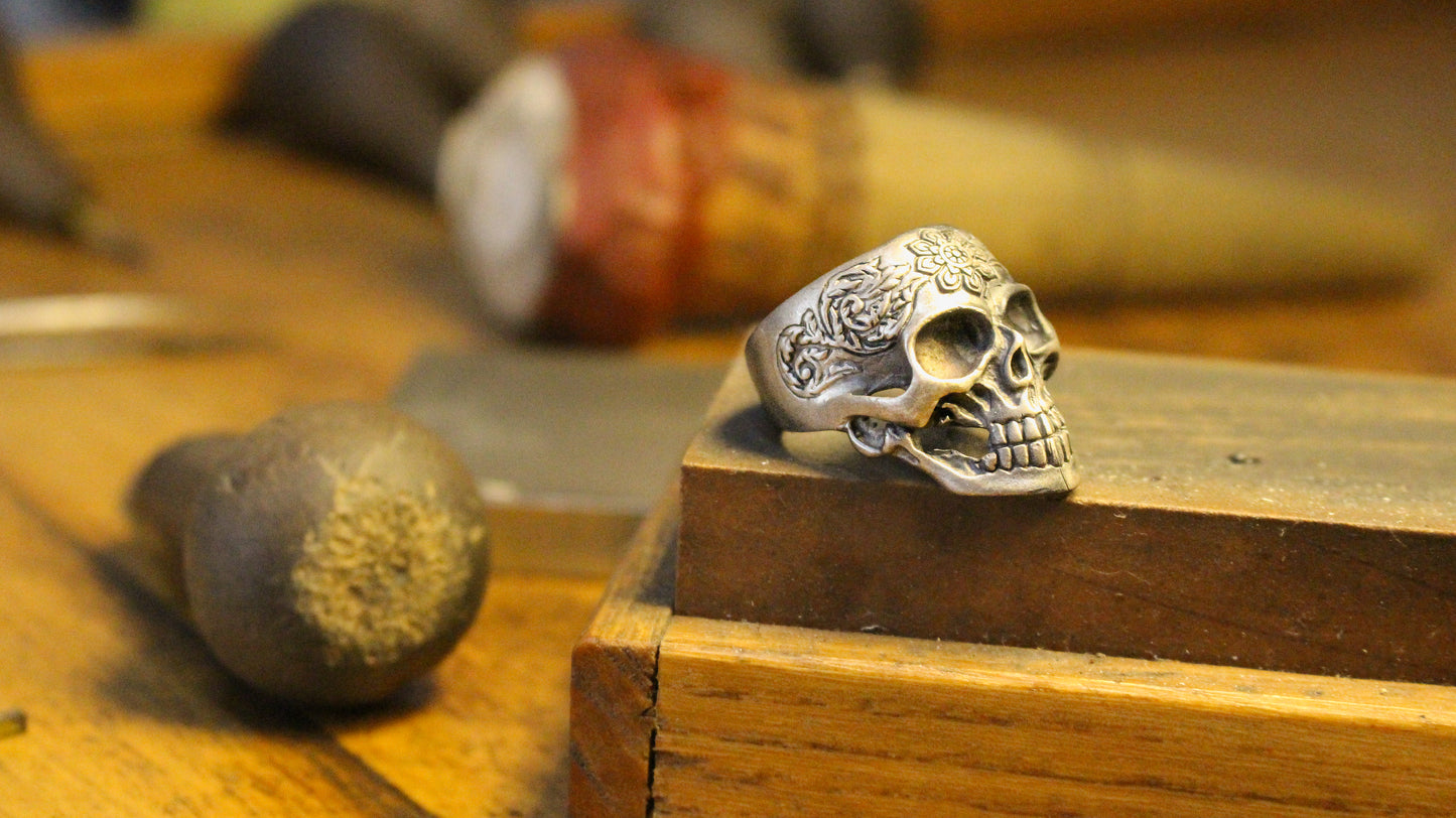 Sterling Silver Skull Ring with Floral Engraving | Bold and Artistic Design for Men