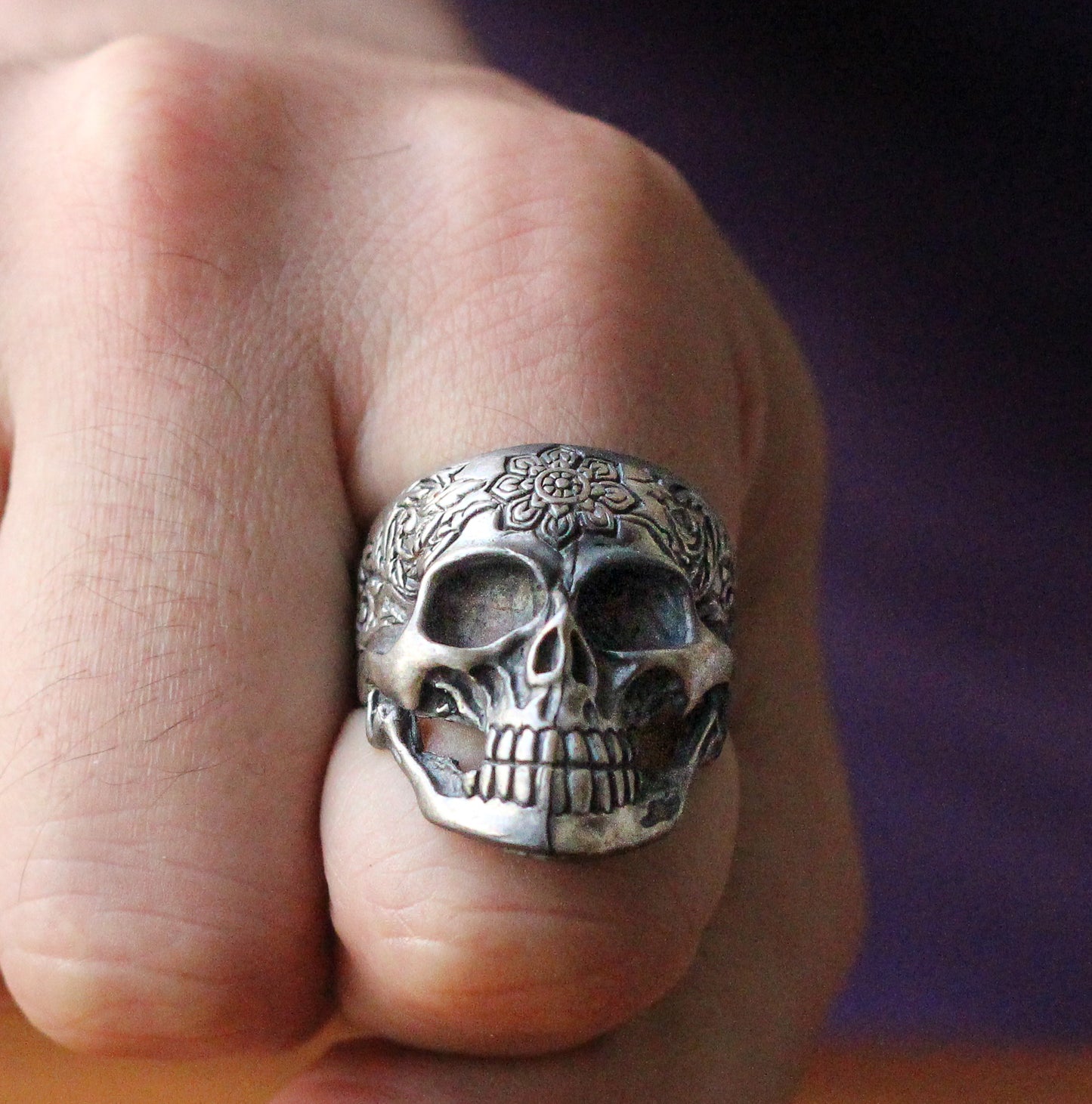 Sterling Silver Skull Ring with Floral Engraving | Bold and Artistic Design for Men