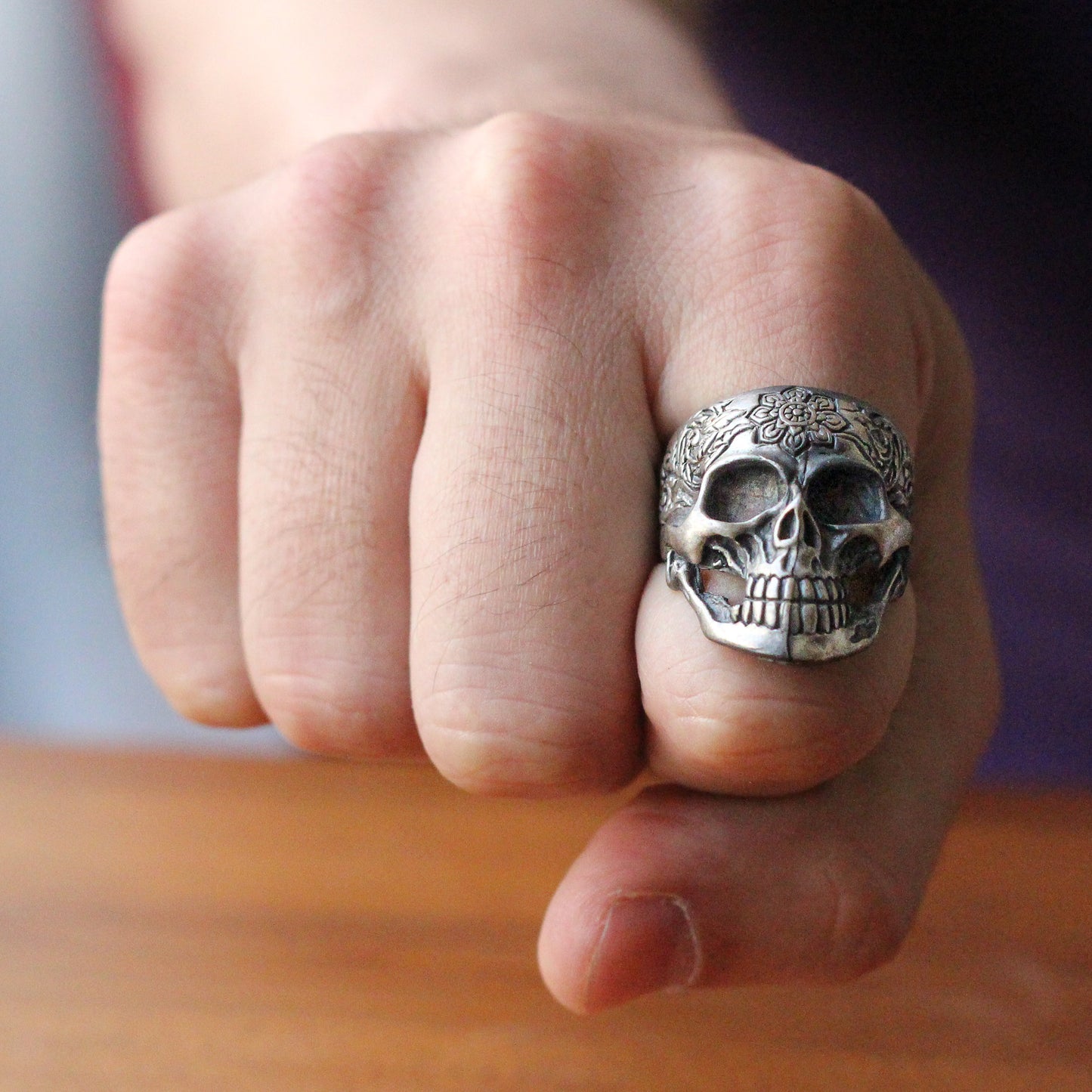 Sterling Silver Skull Ring with Floral Engraving | Bold and Artistic Design for Men