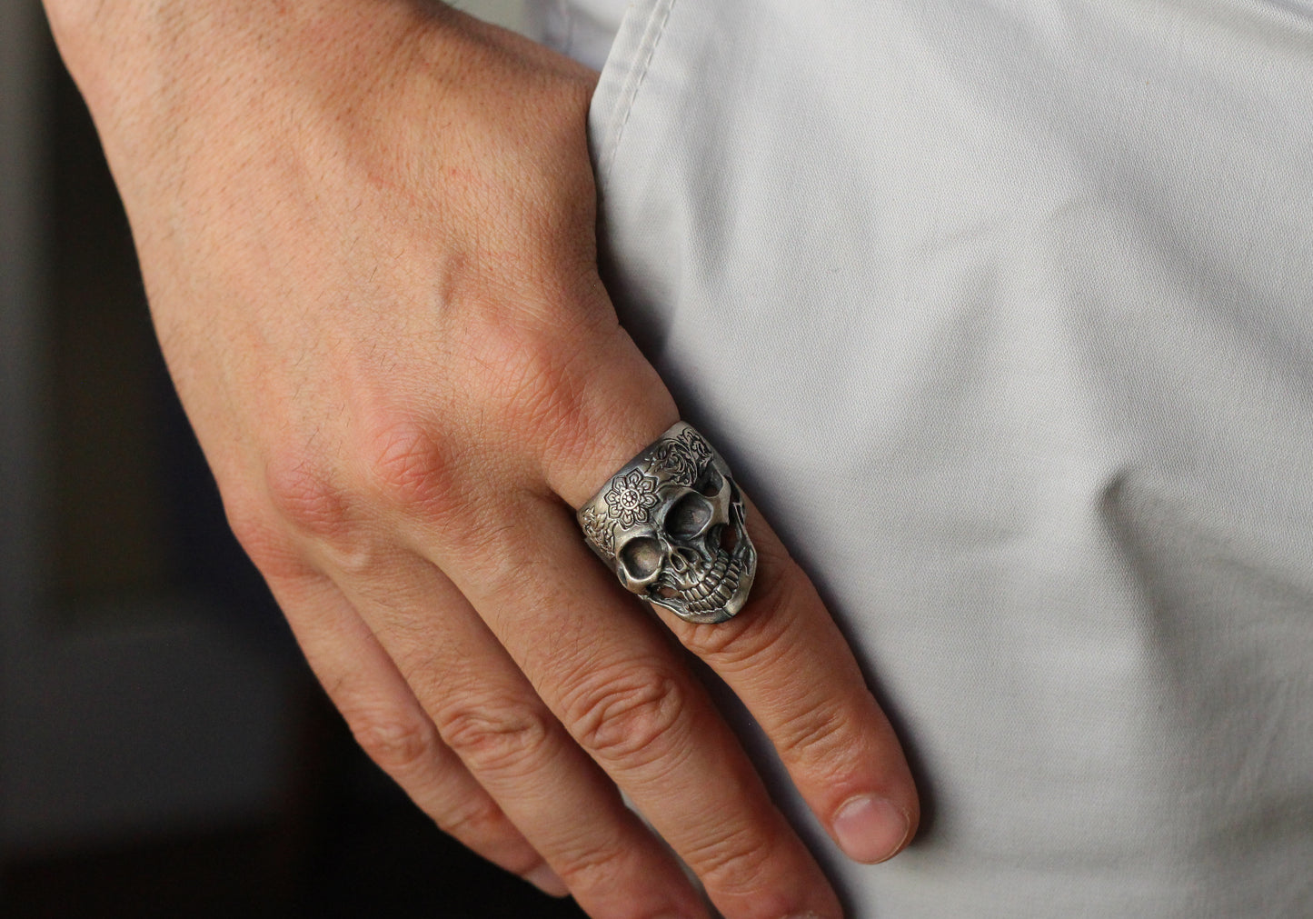 Sterling Silver Skull Ring with Floral Engraving | Bold and Artistic Design for Men