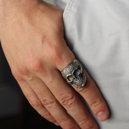 Sterling Silver Skull Ring with Floral Engraving | Bold and Artistic Design for Men