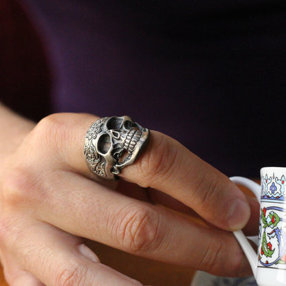 Sterling Silver Skull Ring with Floral Engraving | Bold and Artistic Design for Men