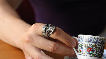 Sterling Silver Skull Ring with Floral Engraving | Bold and Artistic Design for Men