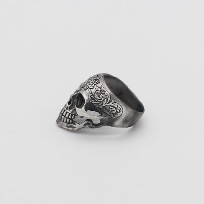 Sterling Silver Skull Ring with Floral Engraving | Bold and Artistic Design for Men