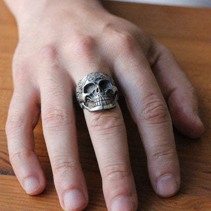 Sterling Silver Skull Ring with Floral Engraving | Bold and Artistic Design for Men