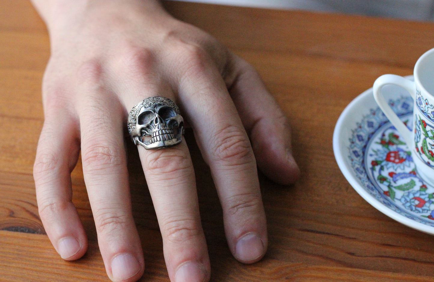 Sterling Silver Skull Ring with Floral Engraving | Bold and Artistic Design for Men