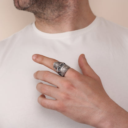 Sterling Silver Skull Ring with Floral Engraving | Bold and Artistic Design for Men