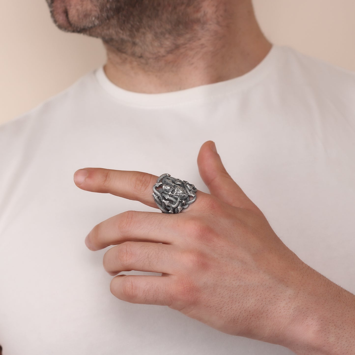 Sterling Silver Snake and Skull Ring for Men | Bold and Symbolic Gothic Ring for Men