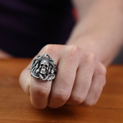 Sterling Silver Snake and Skull Ring for Men | Bold and Symbolic Gothic Ring for Men