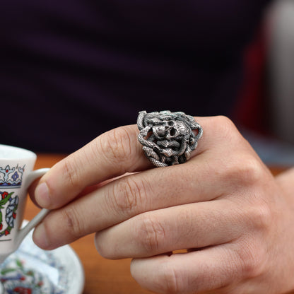 Sterling Silver Snake and Skull Ring for Men | Bold and Symbolic Gothic Ring for Men