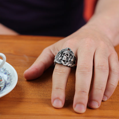 Sterling Silver Snake and Skull Ring for Men | Bold and Symbolic Gothic Ring for Men