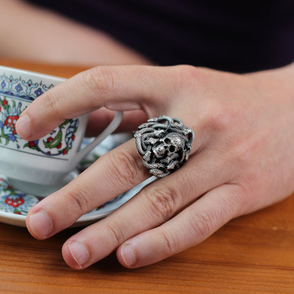 Sterling Silver Snake and Skull Ring for Men | Bold and Symbolic Gothic Ring for Men