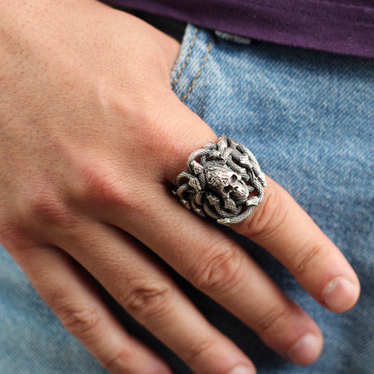 Sterling Silver Snake and Skull Ring for Men | Bold and Symbolic Gothic Ring for Men