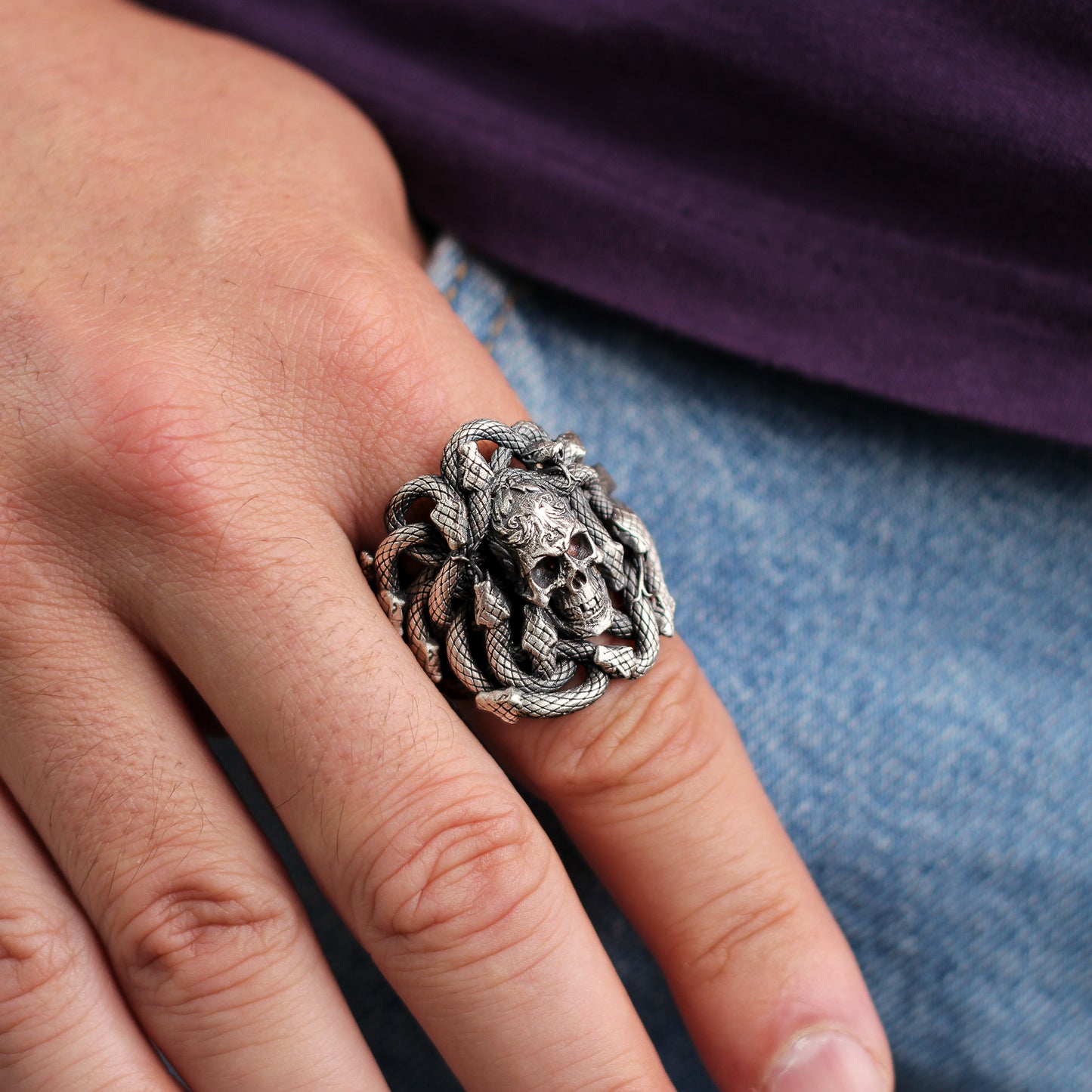 Sterling Silver Snake and Skull Ring for Men | Bold and Symbolic Gothic Ring for Men