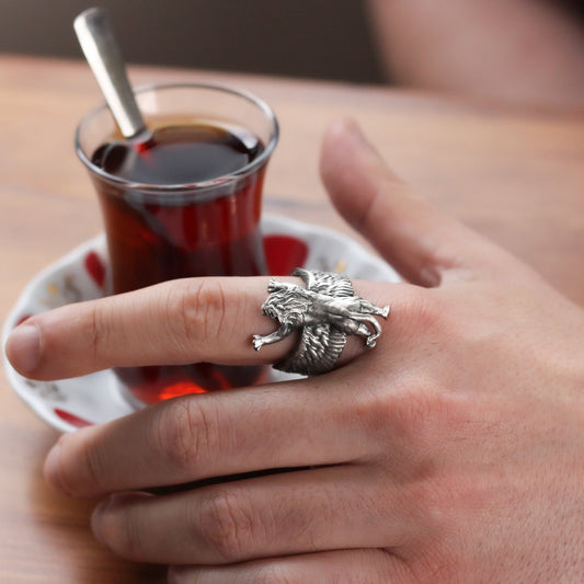 Sterling Silver Winged Lion Ring | Bold and Mythical Design for Men