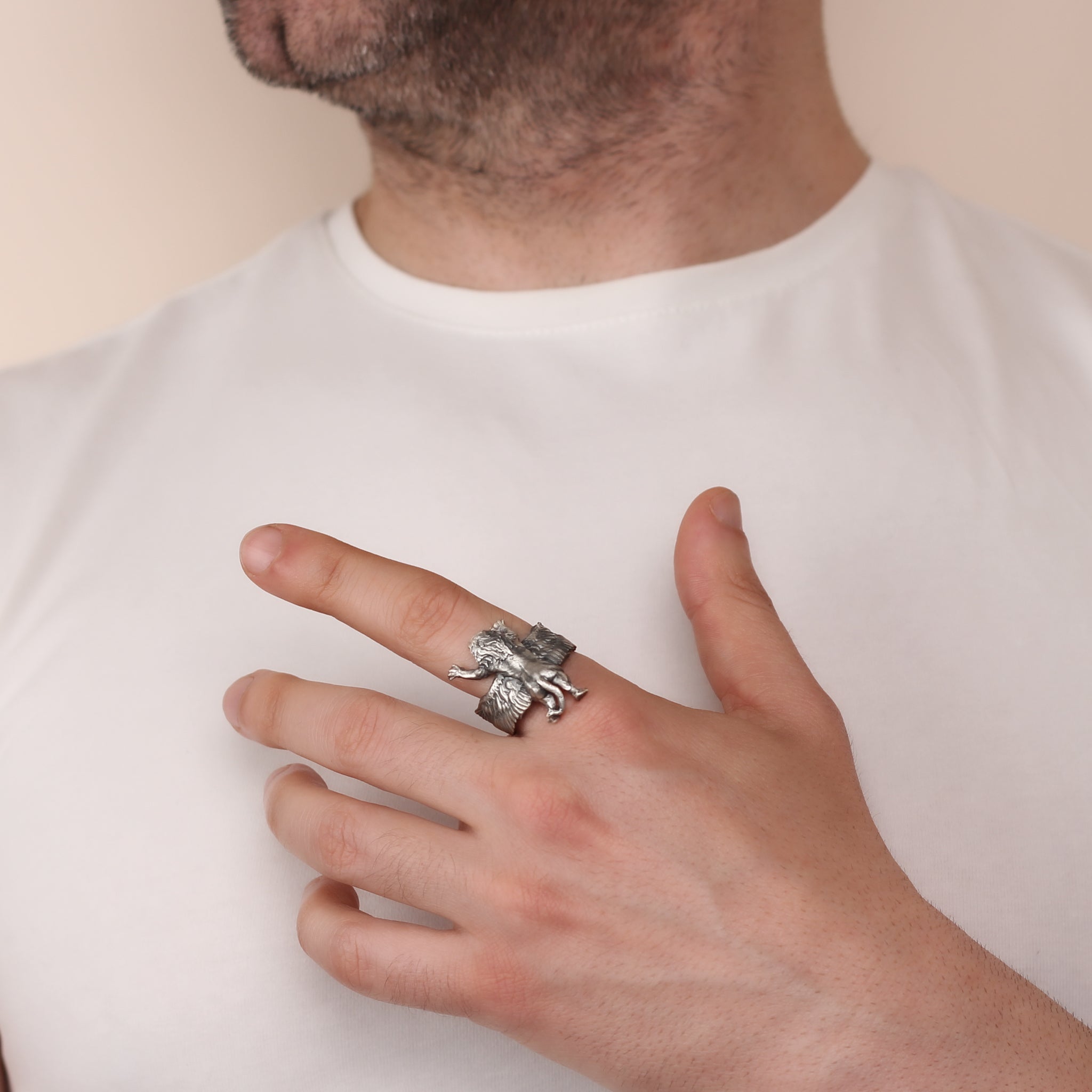 Sterling Silver Winged Lion Ring | Bold and Mythical Design for Men