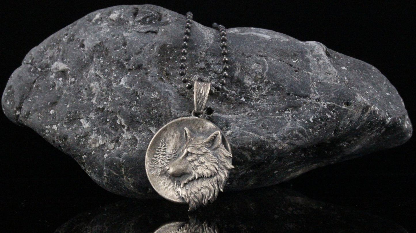 Sterling Silver Wolf Medallion Necklace | Textured Viking Wolf Necklace in Solid Silver