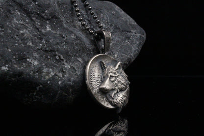 Sterling Silver Wolf Medallion Necklace | Textured Viking Wolf Necklace in Solid Silver