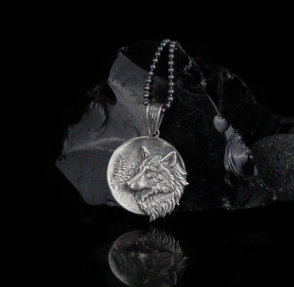 Sterling Silver Wolf Medallion Necklace | Textured Viking Wolf Necklace in Solid Silver