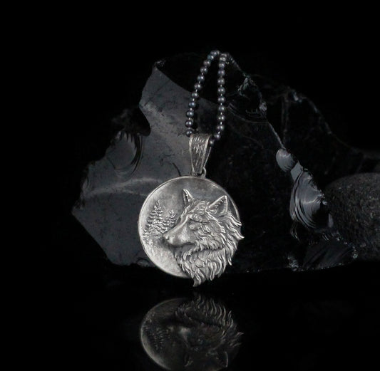 Sterling Silver Wolf Medallion Necklace | Textured Viking Wolf Necklace in Solid Silver