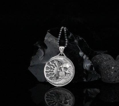 Sunburst Skull Pendant Necklace | 925 Sterling Silver Sun & Skull Medallion Necklace