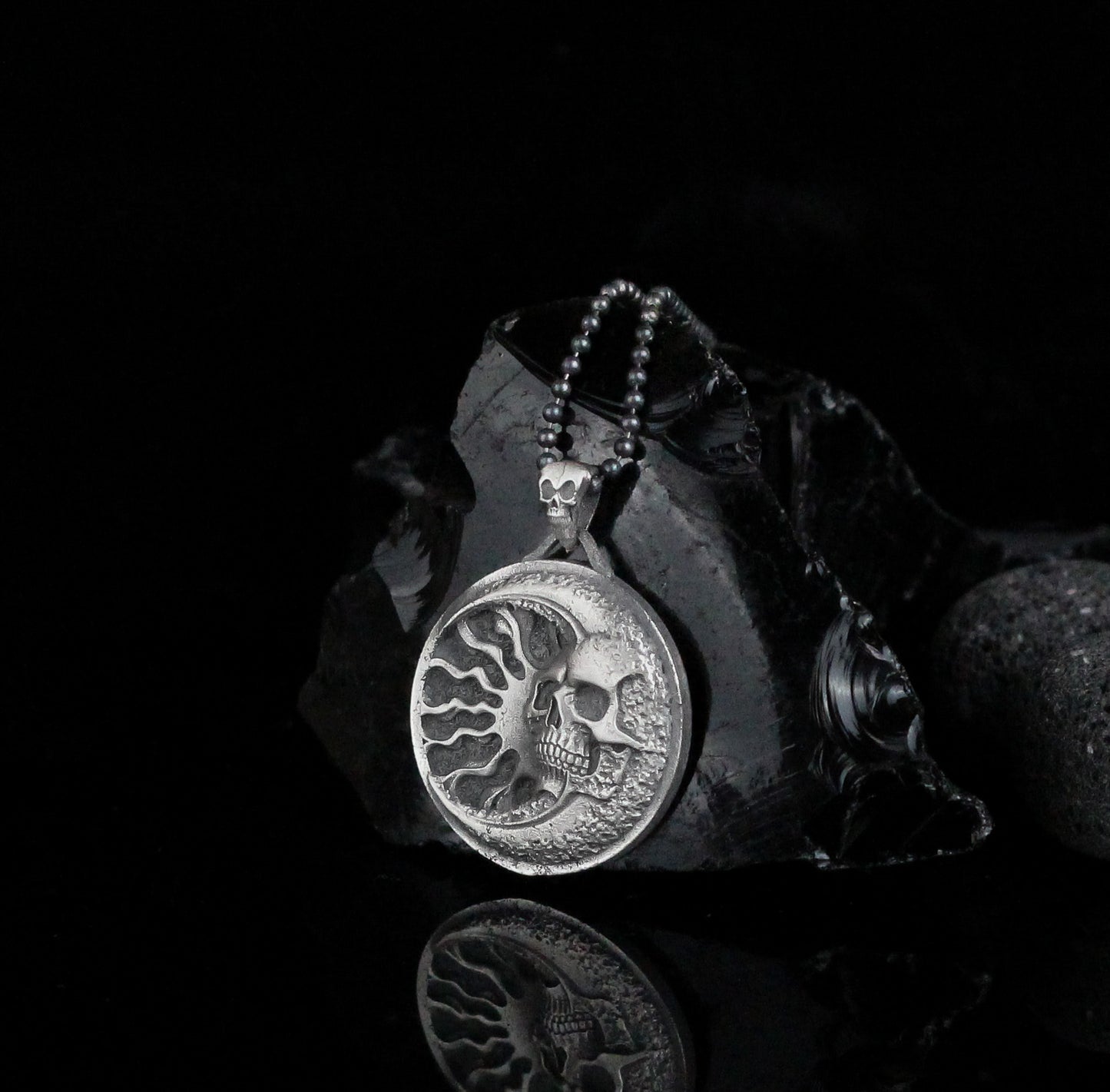 Sunburst Skull Pendant Necklace | 925 Sterling Silver Sun & Skull Medallion Necklace