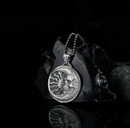 Sunburst Skull Pendant Necklace | 925 Sterling Silver Sun & Skull Medallion Necklace