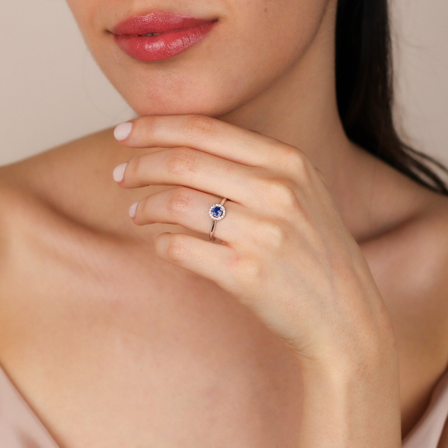 VALENTINA Radiant Blue Sapphire Halo Engagement Ring in Solid Gold | September Birthstone Sapphire Promise Ring