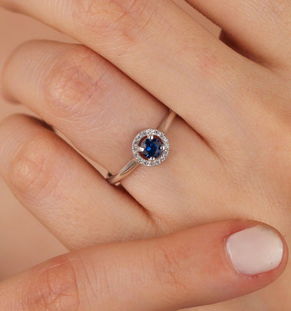 VALENTINA Radiant Blue Sapphire Halo Engagement Ring in Solid Gold | September Birthstone Sapphire Promise Ring