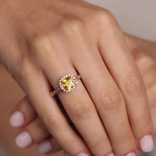 Vibrant Yellow Sapphire Halo Ring with Zircon Stones | Solid Gold & Silver Sapphire Promise Ring for Her