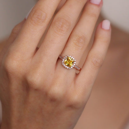 Vibrant Yellow Sapphire Halo Ring with Zircon Stones | Solid Gold & Silver Sapphire Promise Ring for Her