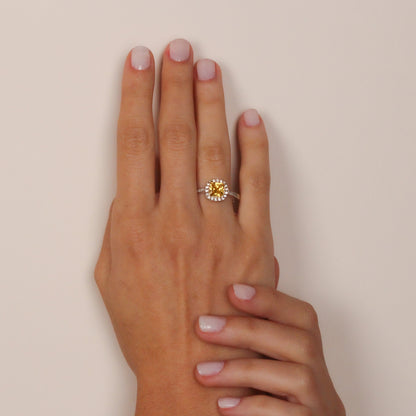 Vibrant Yellow Sapphire Halo Ring with Zircon Stones | Solid Gold & Silver Sapphire Promise Ring for Her