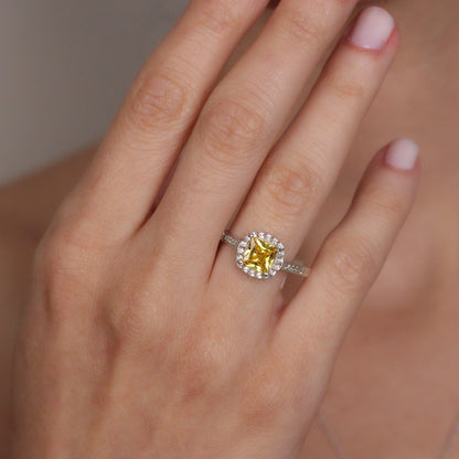 Vibrant Yellow Sapphire Halo Ring with Zircon Stones | Solid Gold & Silver Sapphire Promise Ring for Her