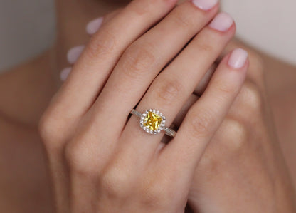 Vibrant Yellow Sapphire Halo Ring with Zircon Stones | Solid Gold & Silver Sapphire Promise Ring for Her