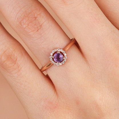 VIOLETTE Luxurious Amethyst Halo Ring in 8K or 14K Solid Gold with Sparkling Gemstone Accents