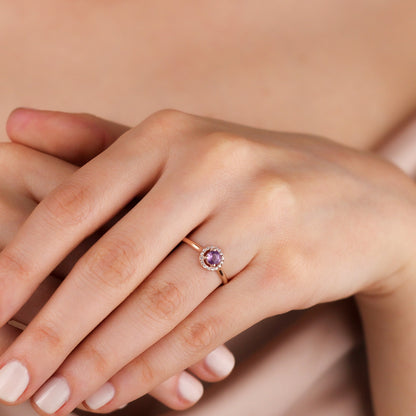 VIOLETTE Luxurious Amethyst Halo Ring in 8K or 14K Solid Gold with Sparkling Gemstone Accents