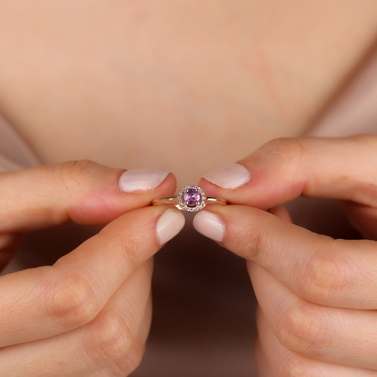 VIOLETTE Luxurious Amethyst Halo Ring in 8K or 14K Solid Gold with Sparkling Gemstone Accents