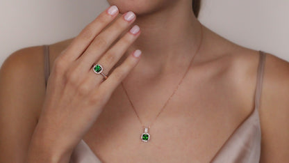 Vivid Green Emerald Ring with Zircon Halo | Solid Silver & Gold Cushion Cut Halo Emerald Ring