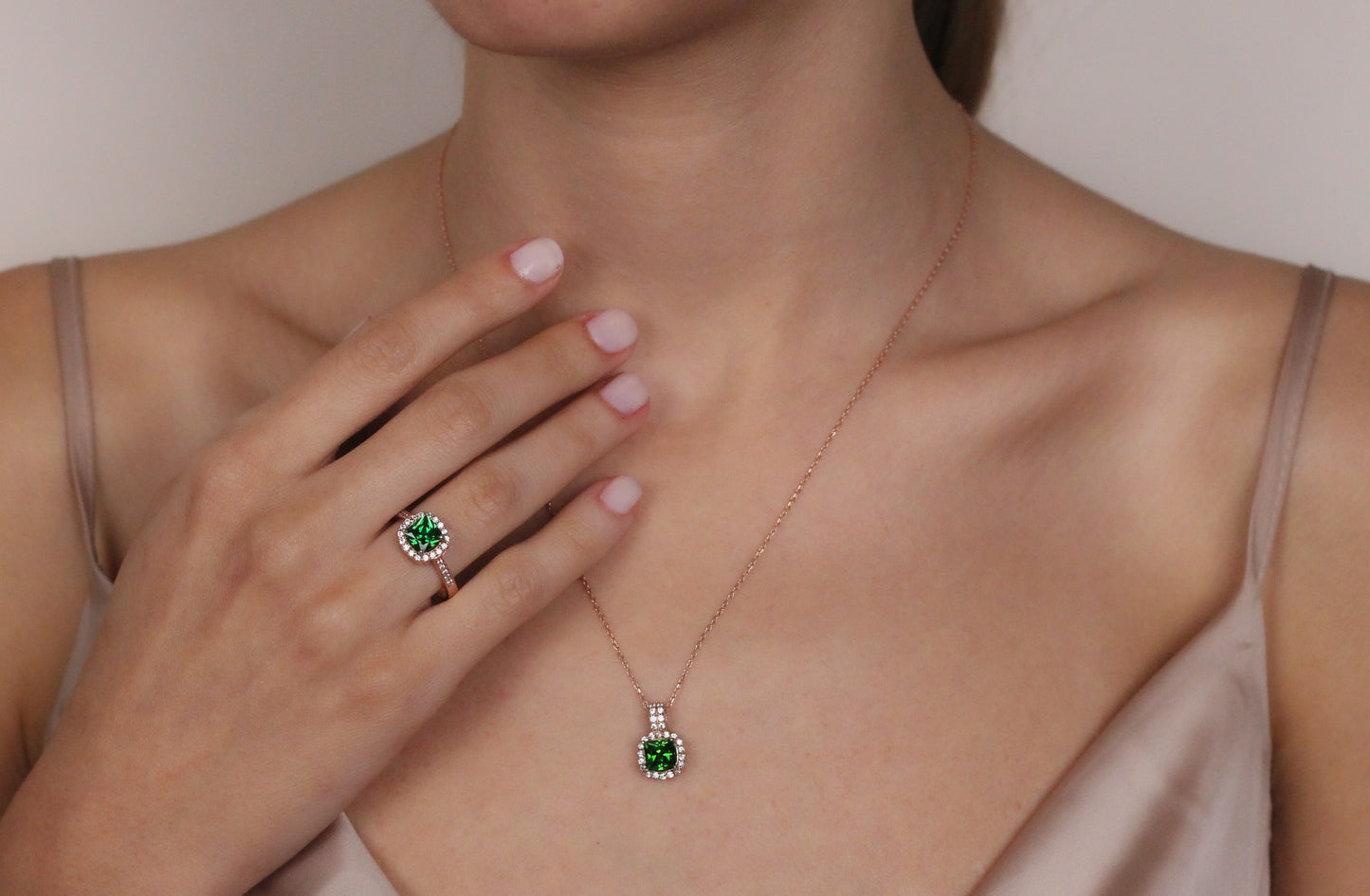 Vivid Green Emerald Ring with Zircon Halo | Solid Silver & Gold Cushion Cut Halo Emerald Ring