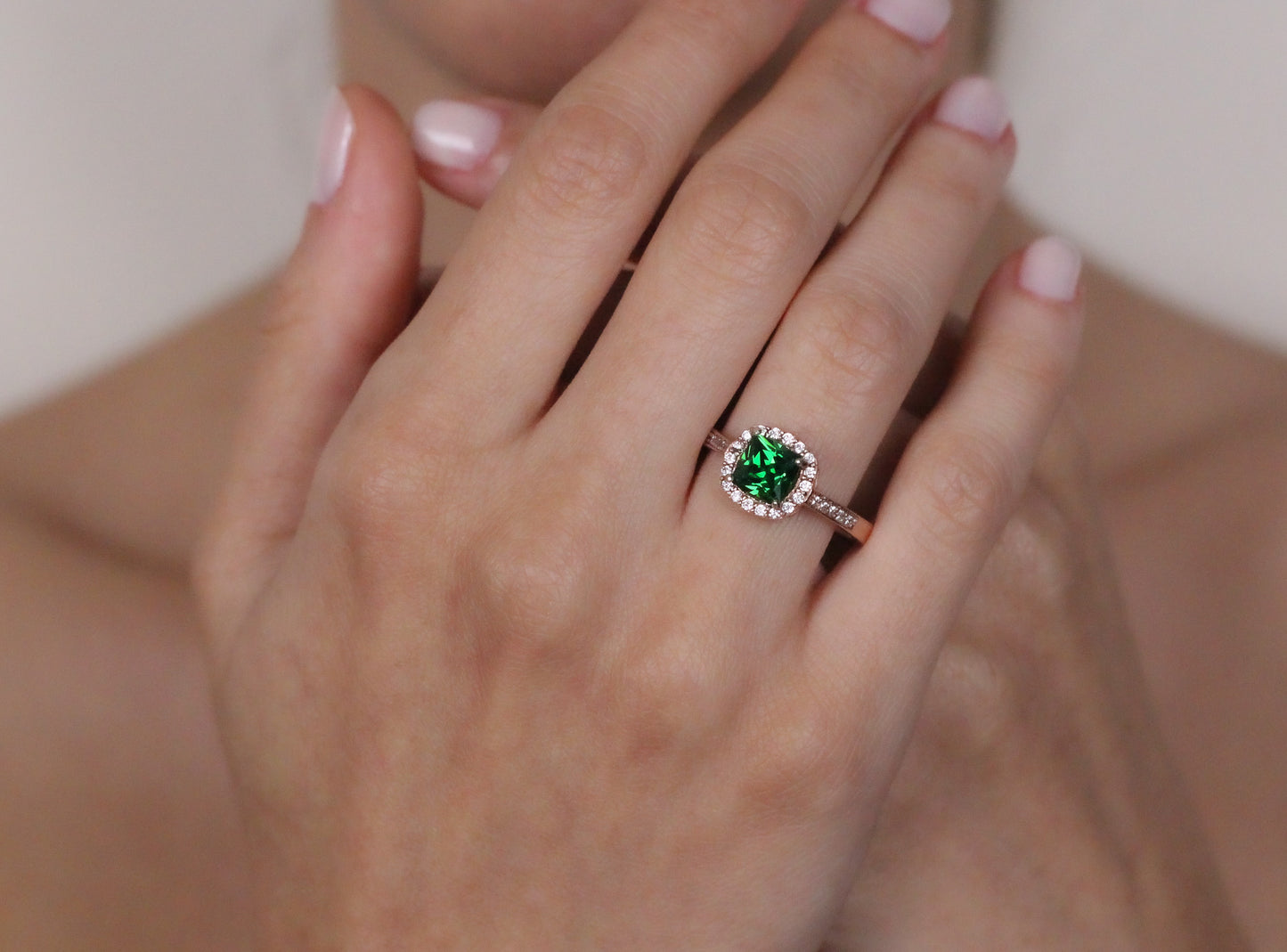 Vivid Green Emerald Ring with Zircon Halo | Solid Silver & Gold Cushion Cut Halo Emerald Ring