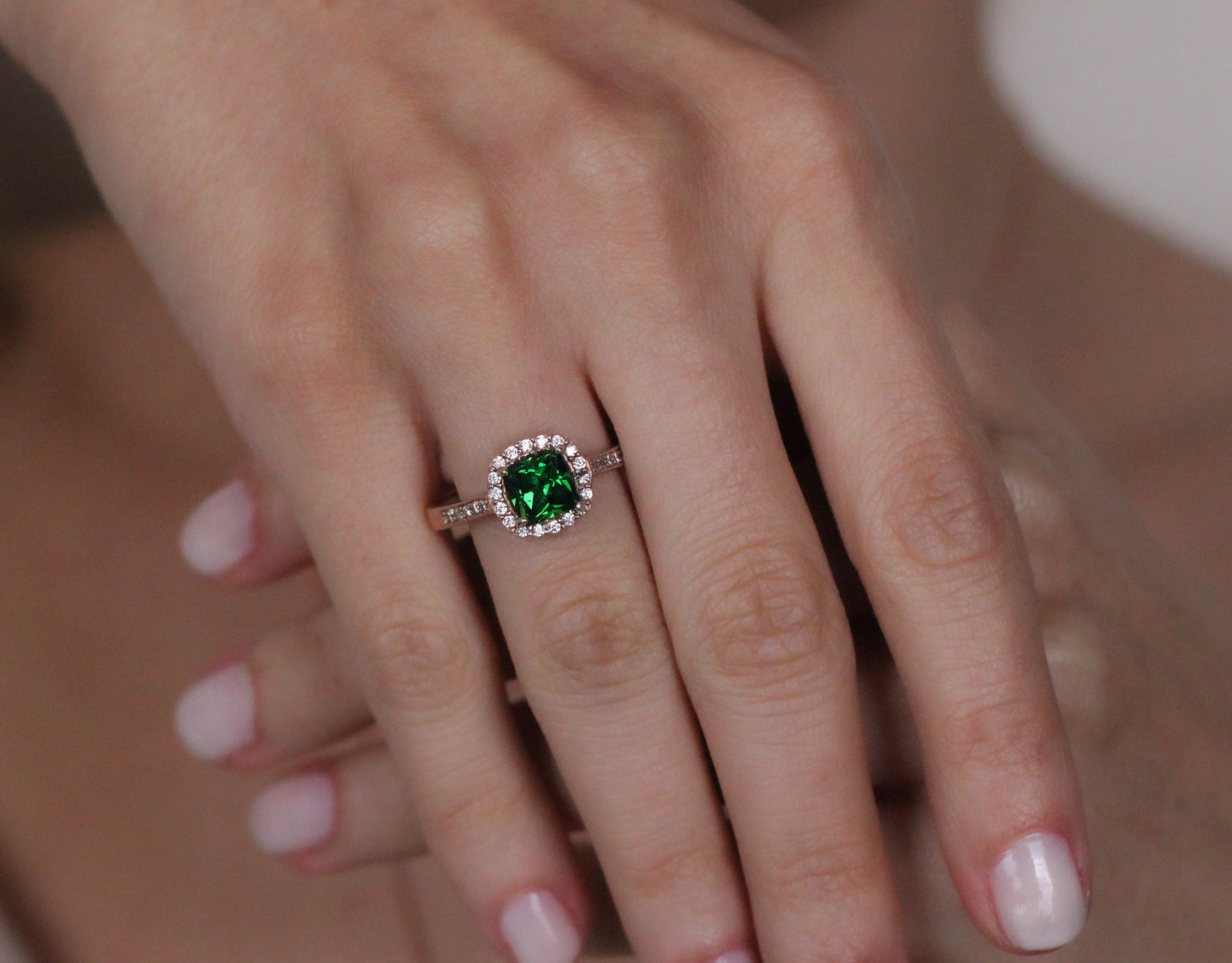 Vivid Green Emerald Ring with Zircon Halo | Solid Silver & Gold Cushion Cut Halo Emerald Ring